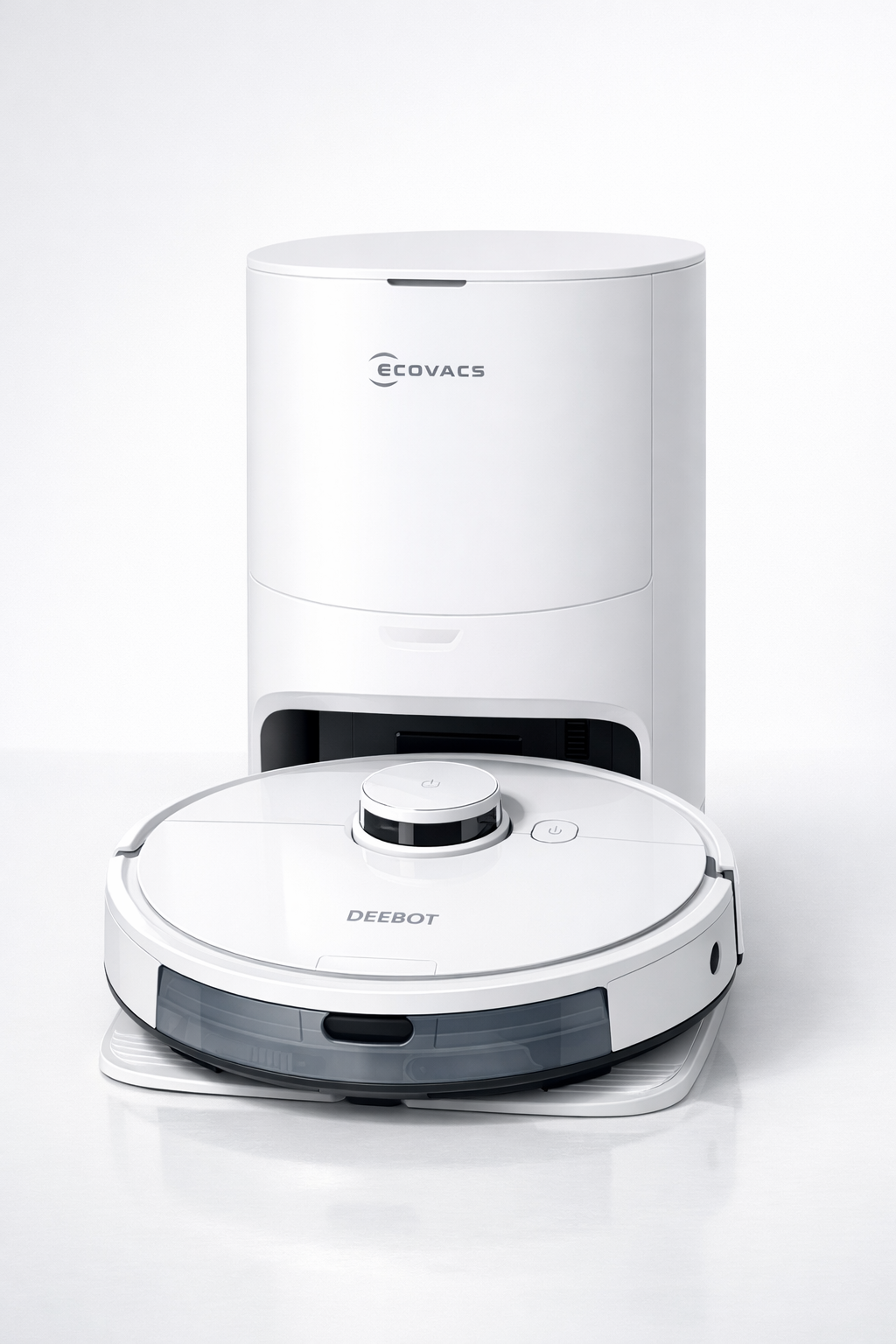 ECOVACS DEEBOT N30 Plus robot vacuum and mop with auto-empty station in white color on clean studio background