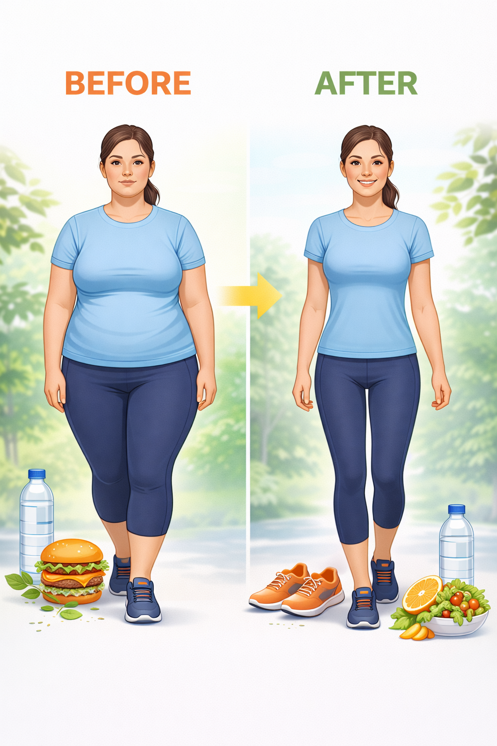 Before and after weight loss transformation illustration showing healthy lifestyle changes with diet and fitness