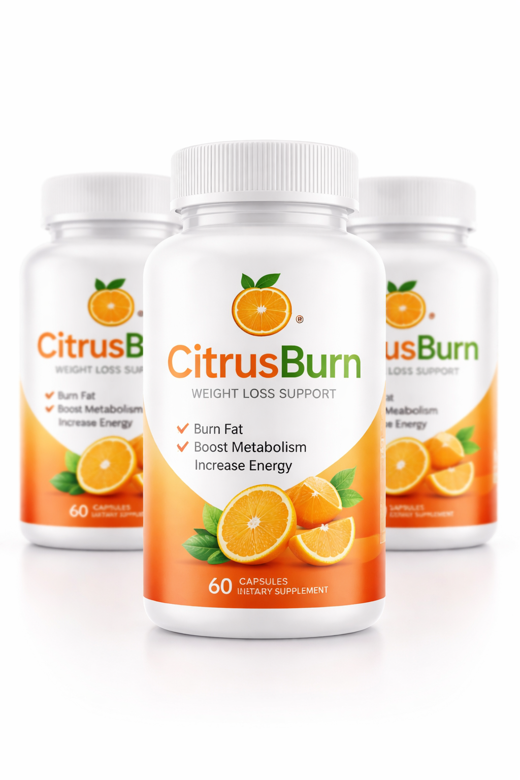 CitrusBurn weight loss supplement bottle with white and orange packaging on clean studio background