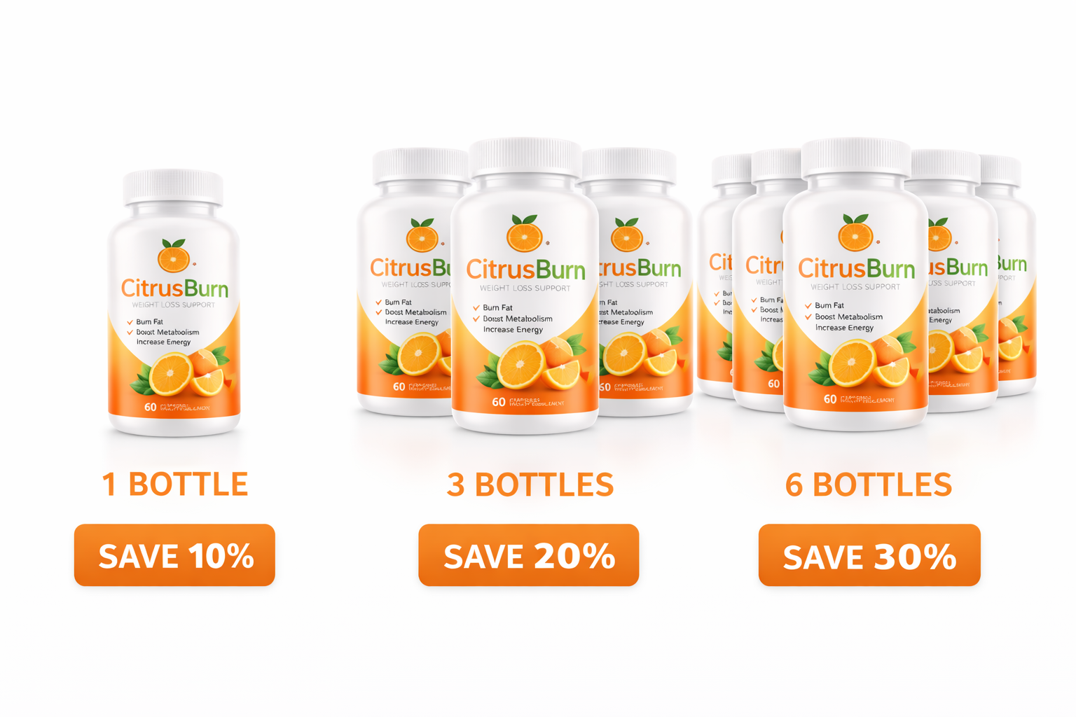 CitrusBurn supplement bundle packages showing 1 bottle, 3 bottles and 6 bottles options with discount offers
