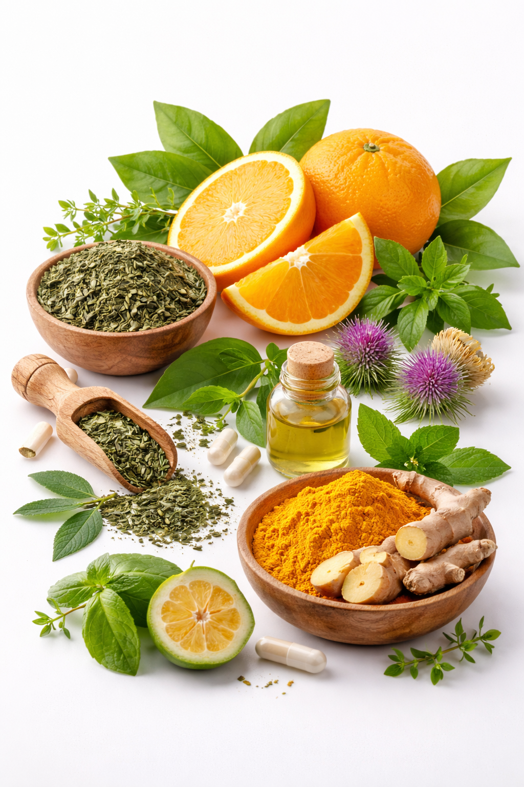 Natural ingredients for weight loss supplements including citrus fruits, green tea leaves and herbal extracts on white background