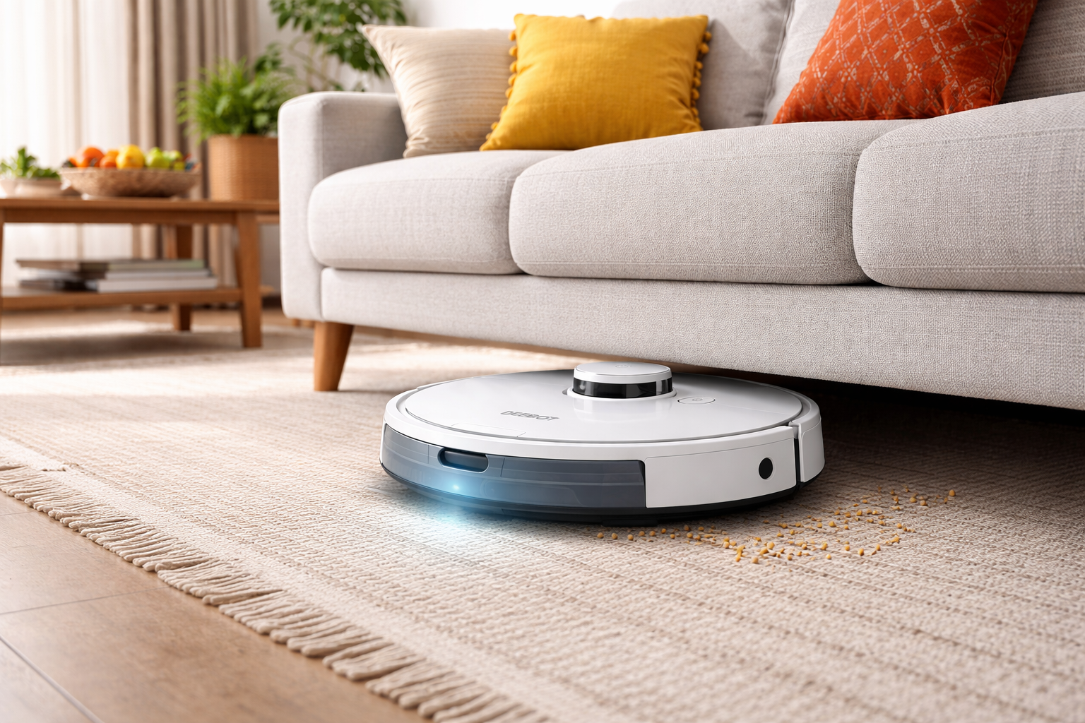 Robot vacuum cleaning under a sofa in a modern Indian living room