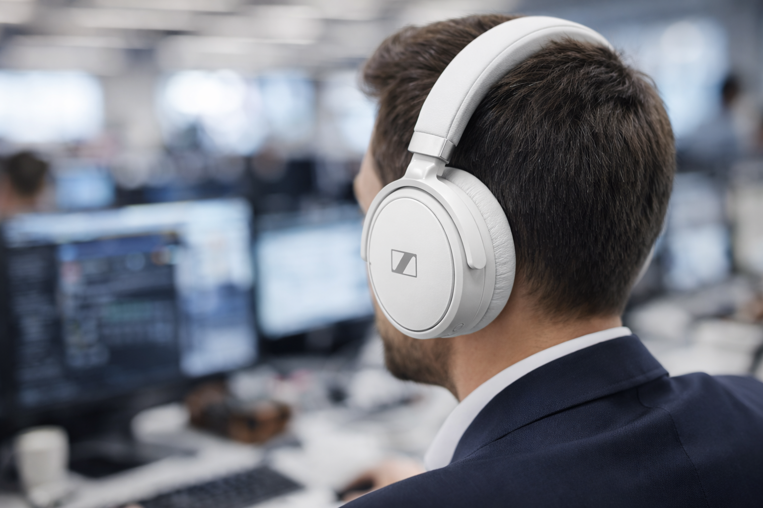 Sennheiser ACCENTUM wireless over-ear headphones worn by a professional in a noisy office environment with blurred background
