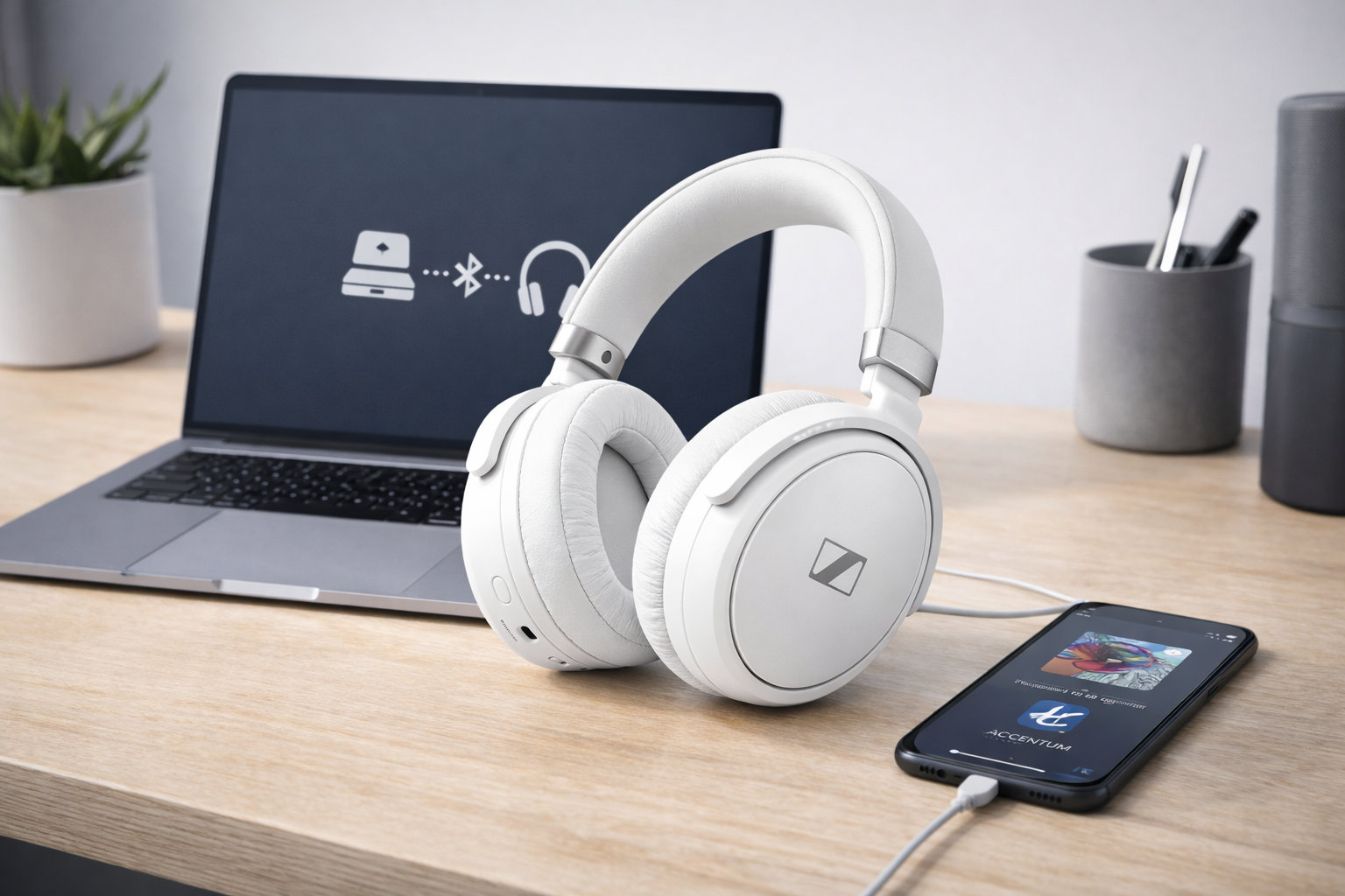 Sennheiser ACCENTUM wireless headphones connected to a laptop and smartphone on a modern desk setup