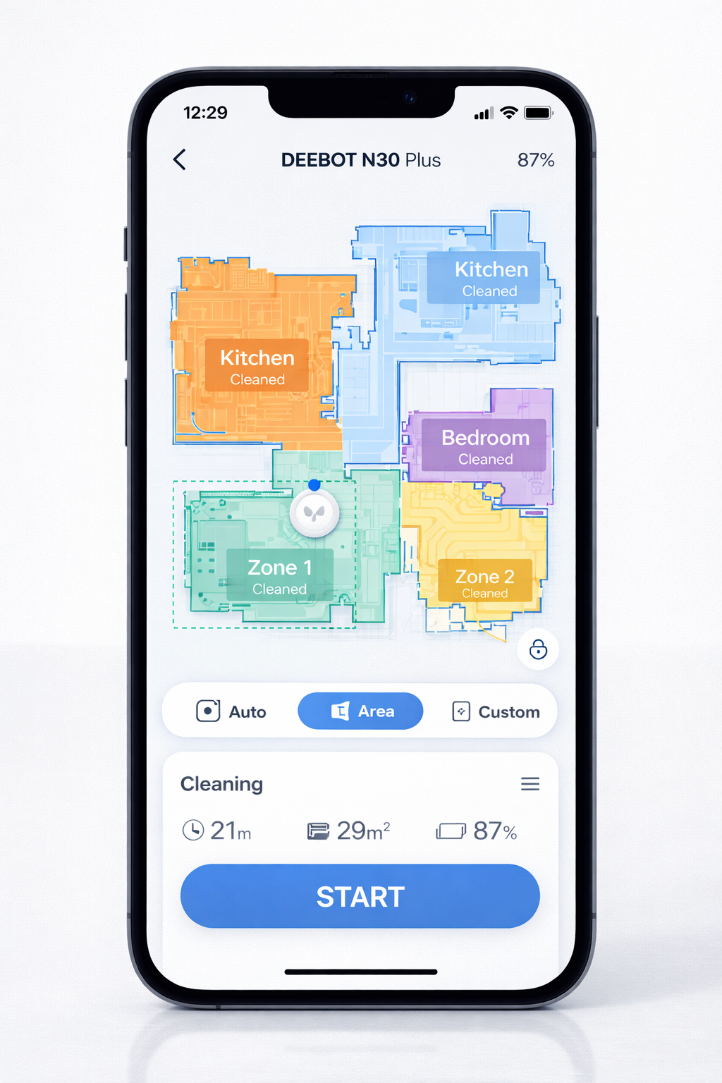 Smartphone screen displaying ECOVACS Home app with detailed room mapping and cleaning zones