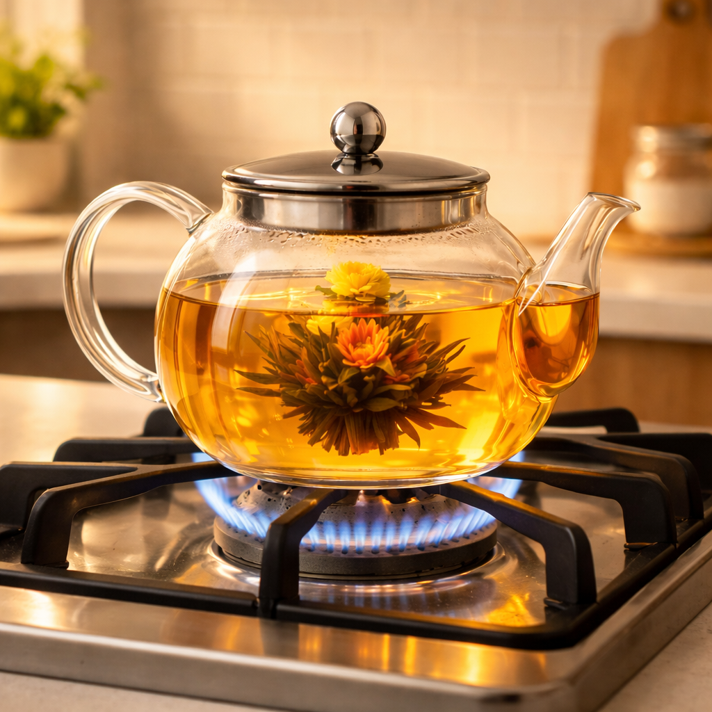 Blooming tea brewing in borosilicate glass teapot