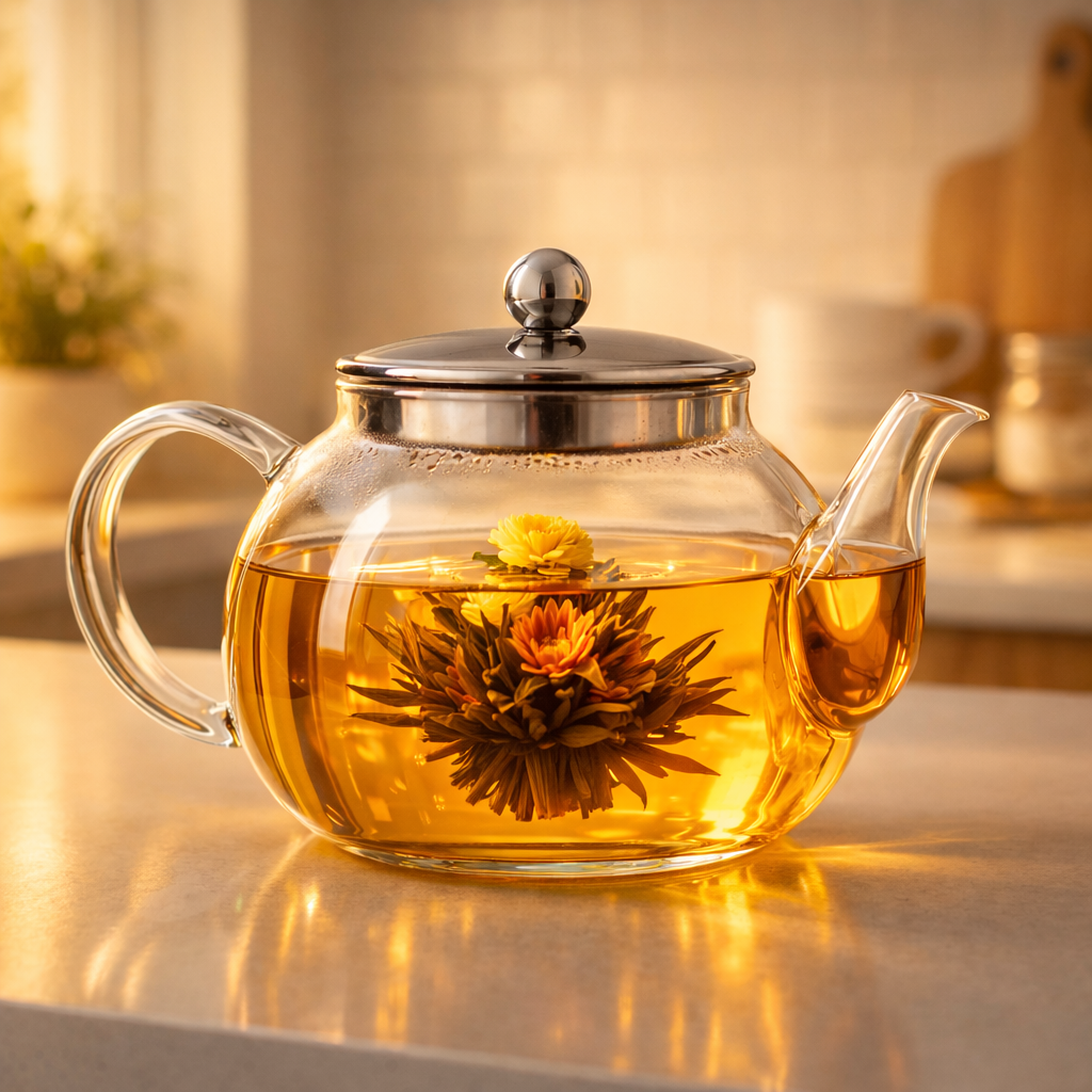Blooming tea brewing in borosilicate glass teapot