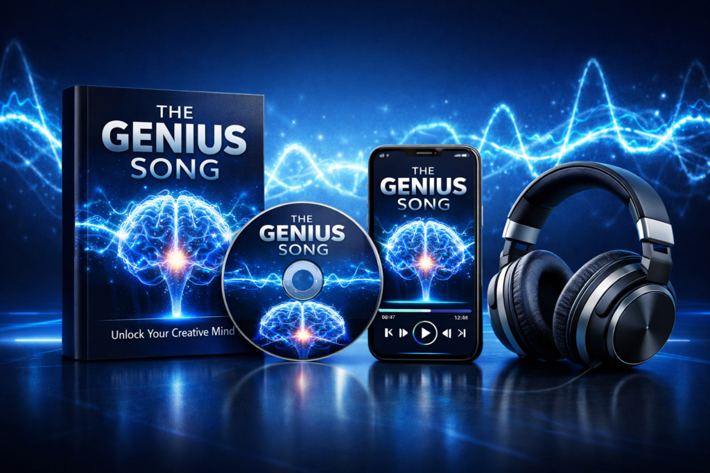 High-quality 3D product mockup of The Genius Song featuring book cover, audio CD, smartphone audio player, and premium headphones with glowing brain waves on a dark blue futuristic background