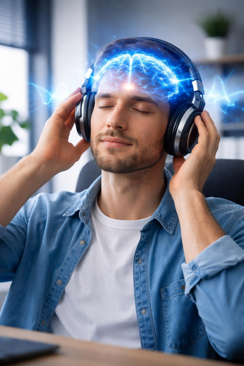 Person wearing headphones with eyes closed and calm expression, blue glowing brain overlay symbolizing brain activation in a modern workspace