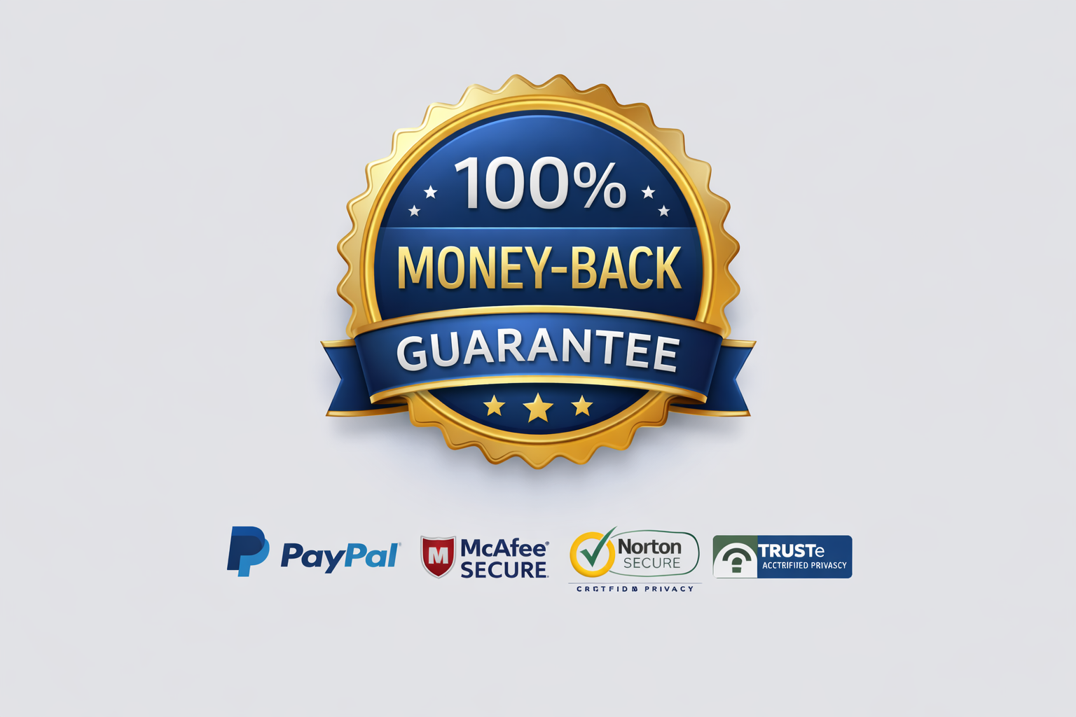 Professional 100 percent money-back guarantee badge with trust seals in blue and gold color theme