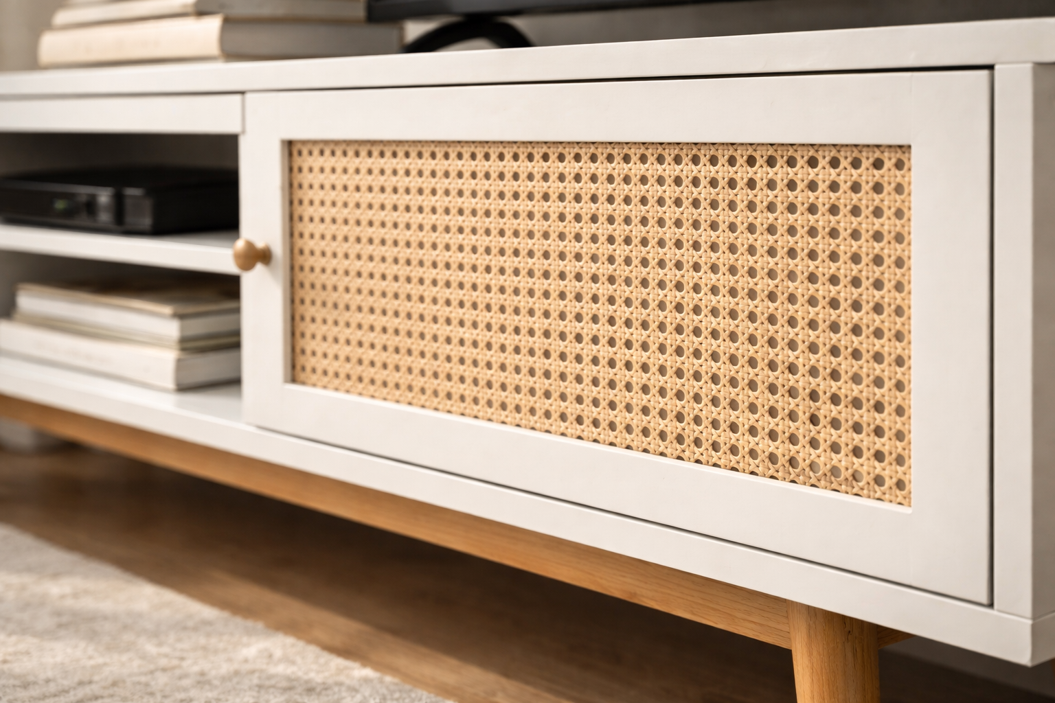 Detailed view of the rattan door texture and white finish.