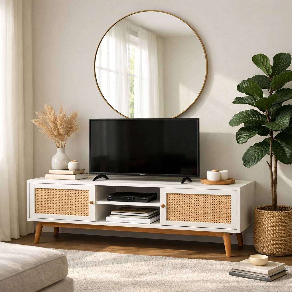 Modern minimalist styling using the PAPA JET rattan media console.