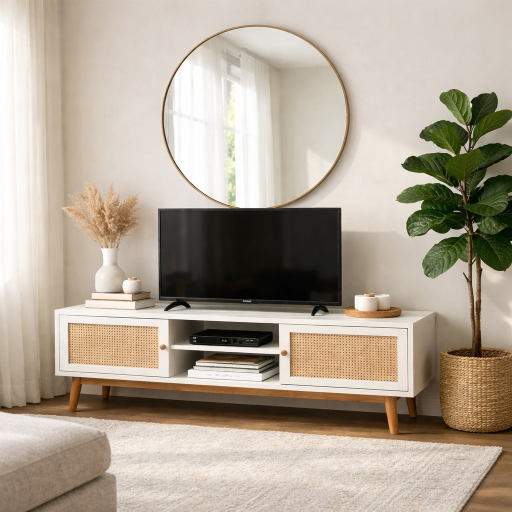 Minimalist Living Room Setup with White Rattan Media Console Gold Mirror