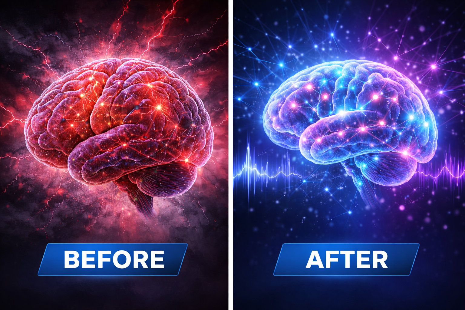 Comparison illustration showing stressed brain in red tones versus energized glowing brain in blue and purple tones