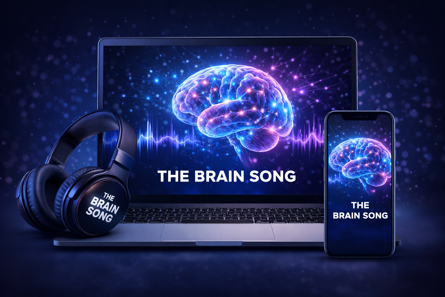 Laptop, mobile phone, and headphones displaying The Brain Song branding with a glowing brain illustration