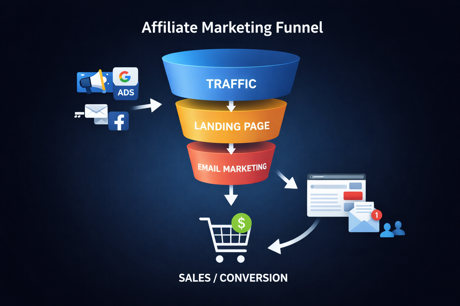 Affiliate marketing funnel diagram showing traffic, landing page, email marketing, and sales conversion process.