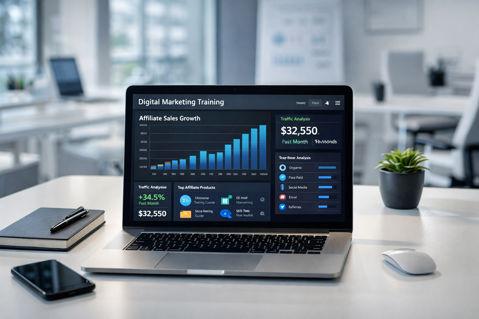 Laptop displaying affiliate marketing dashboard with sales growth chart and marketing analytics.