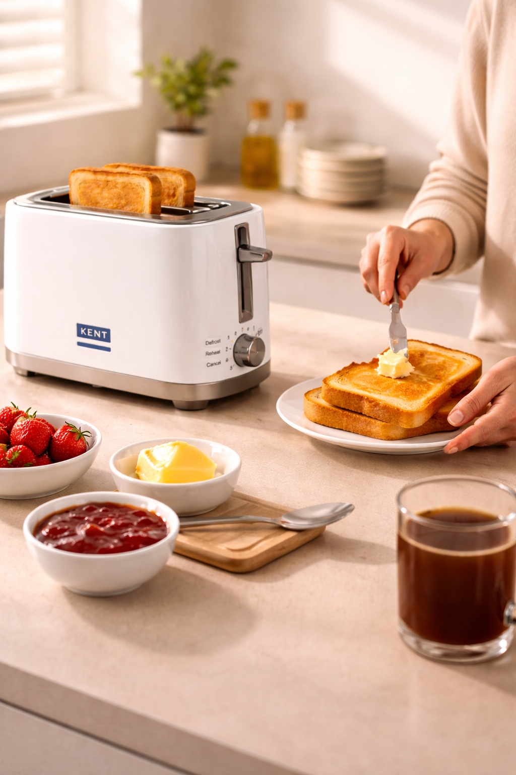Person preparing breakfast with toast butter jam coffee and white KENT toaster