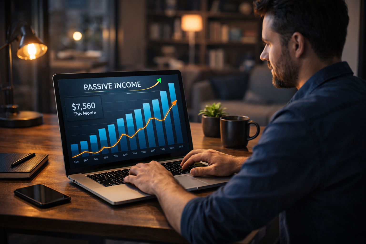 Digital entrepreneur working on laptop with passive income graph rising on screen in a home office.