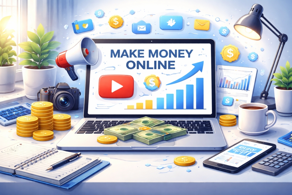 make money online laptop, youtube earning, video marketing software, digital marketing workspace, online business concept