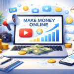 make money online laptop, youtube earning, video marketing software, digital marketing workspace, online business concept