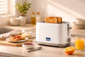 Modern Kitchen Counter with White KENT Pop Up Toaster and Fresh Toast Breakfast
