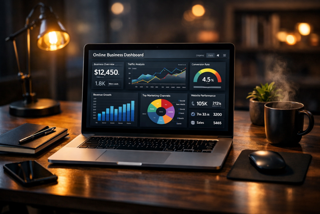 Online business dashboard displayed on laptop with digital marketing charts in a modern workspace.