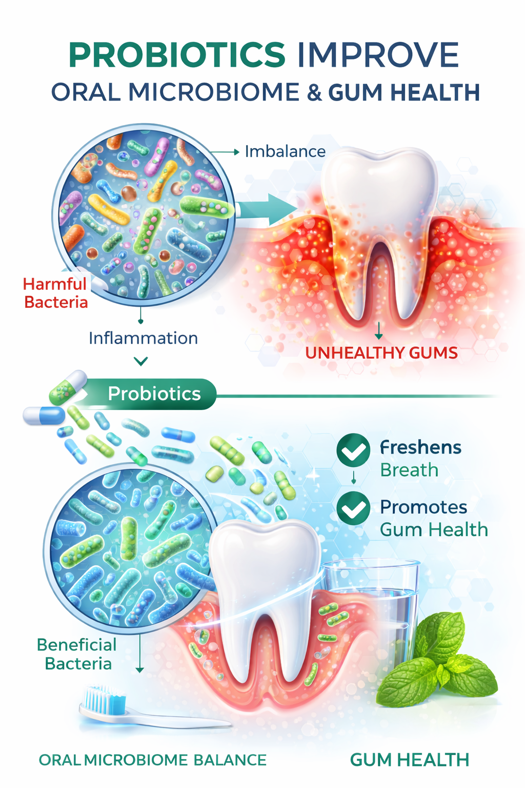 Scientific infographic showing probiotics improving oral microbiome balance and gum health