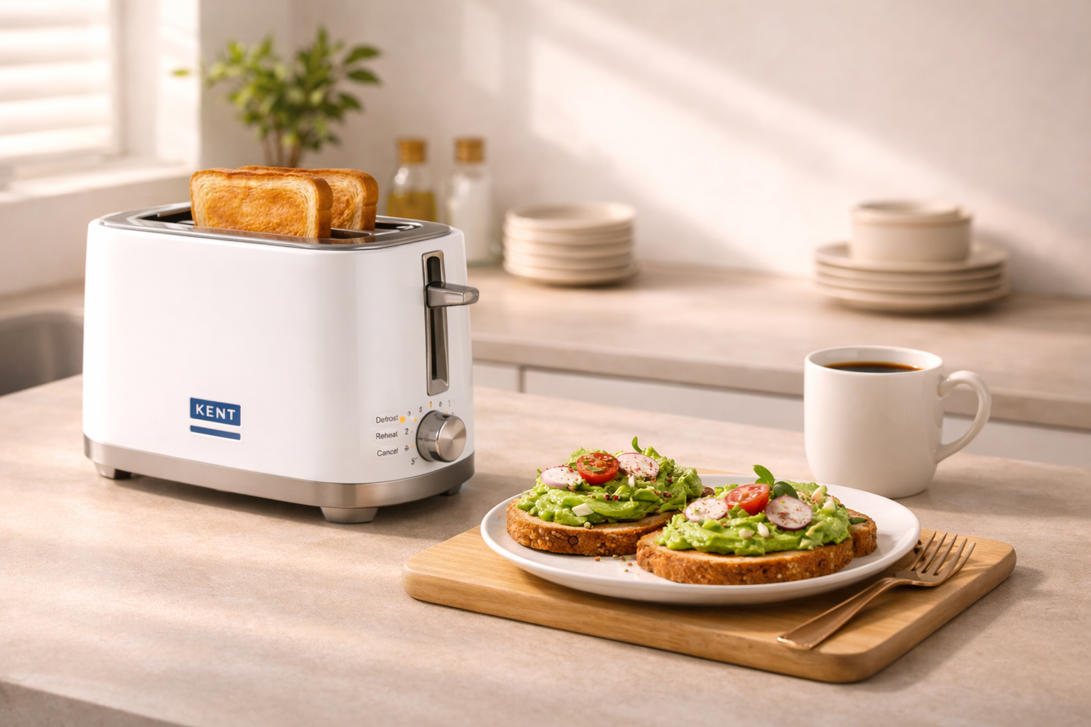 Stylish kitchen scene with KENT toaster avocado toast and coffee breakfast setup