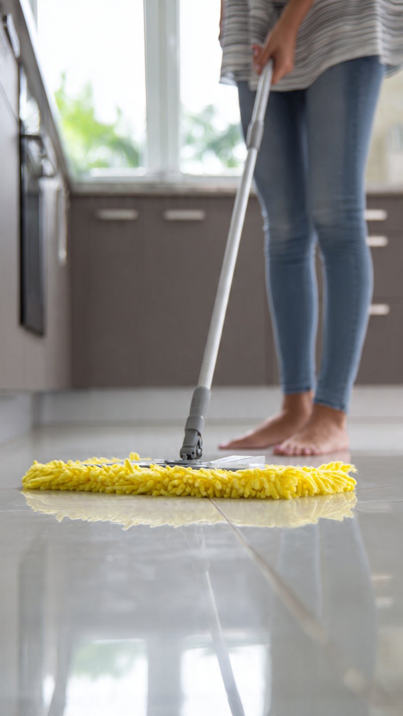 woman cleaning floor with sponge mop