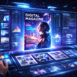 AI software dashboard creating a digital magazine with futuristic glowing interface and editing tools