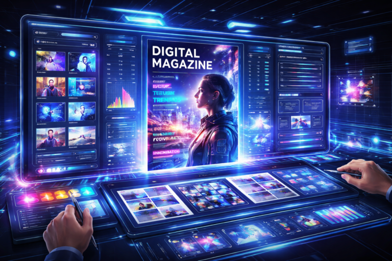AI software dashboard creating a digital magazine with futuristic glowing interface and editing tools