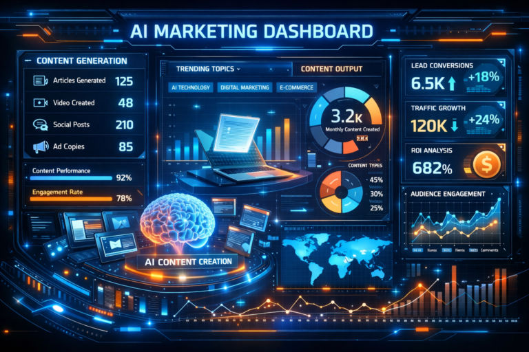 Futuristic AI marketing dashboard showing content generation and glowing analytics charts