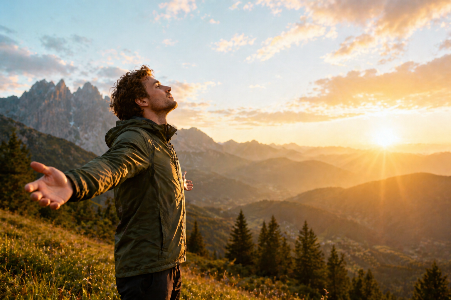 Breathe Better Fast with Pulmo Balance! 3 healthy man breathing fresh mountain air at sunrise for lung health and wellness concept