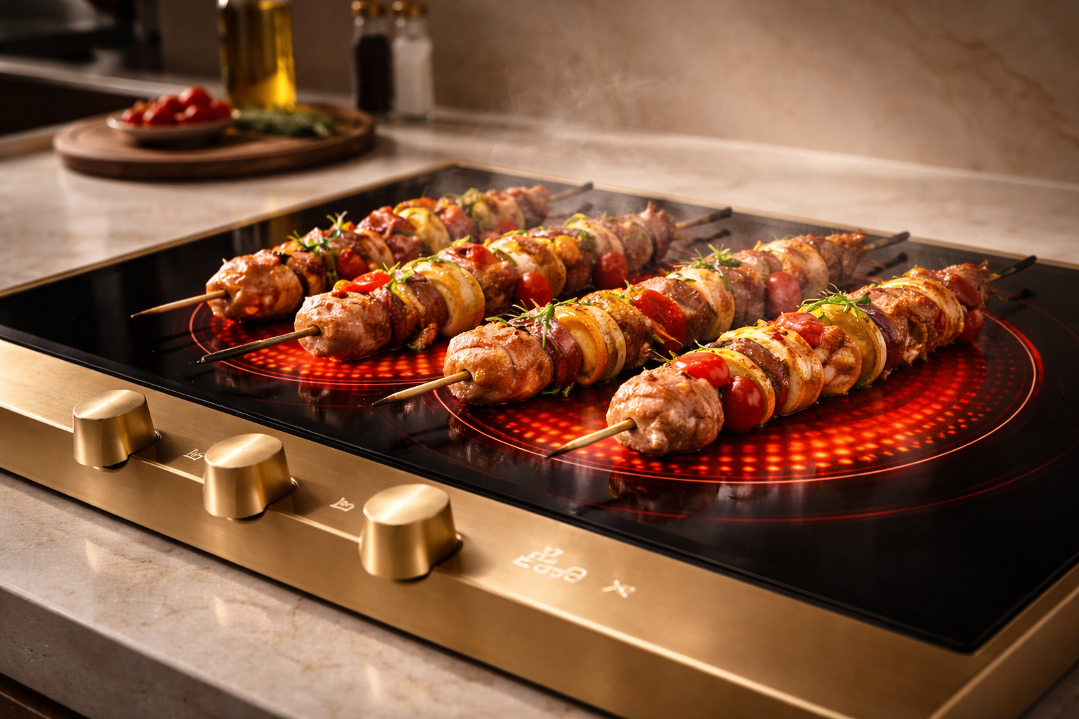 Juicy Chicken Skewers Grilling on Infrared Cooktop Cinematic Lighting
