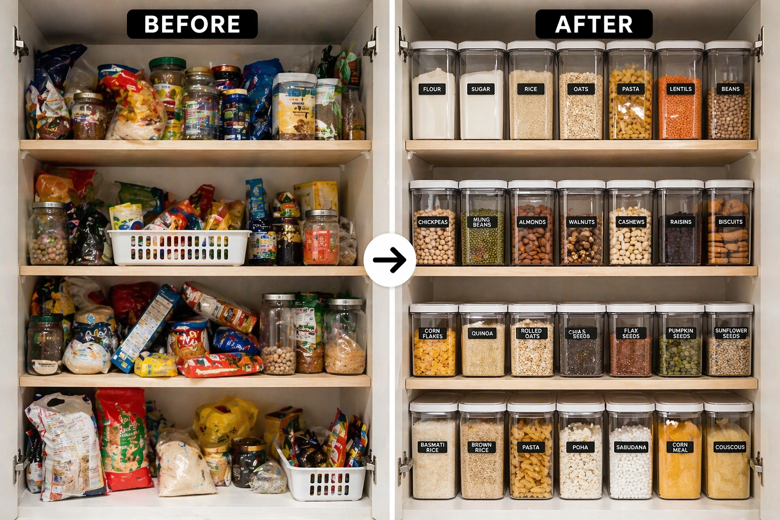 “Stop Messy Kitchen! Try This Hack” 3 before and after kitchen pantry organization messy shelves vs neatly arranged containers