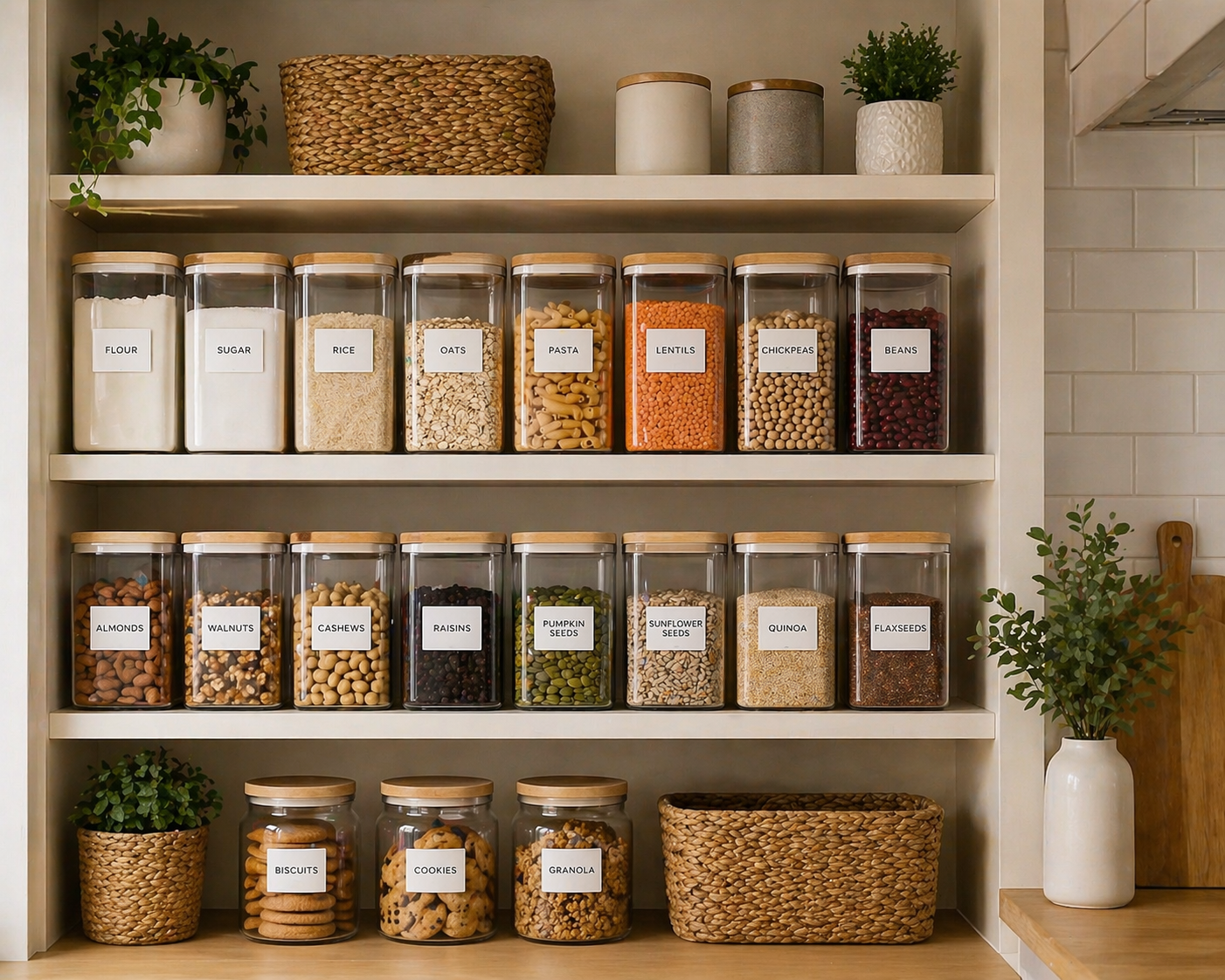 “Stop Messy Kitchen! Try This Hack” 4 minimalist pantry shelf with labeled transparent containers organized kitchen jars