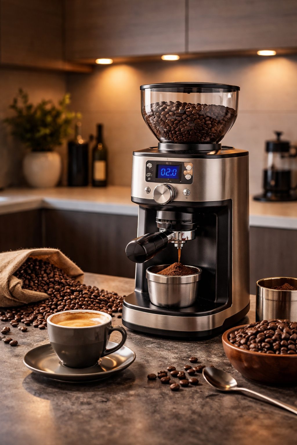Modern Coffee Grinder Setup in Stylish Kitchen Fresh Espresso Vibes
