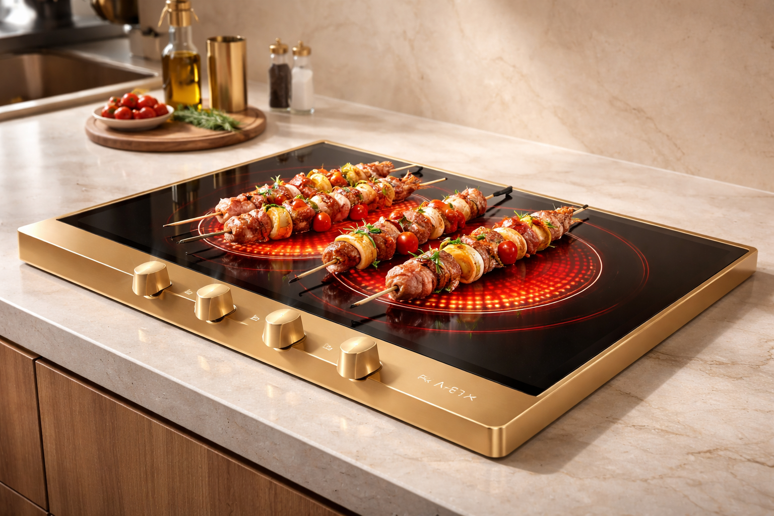 Modern Kitchen Infrared Cooktop with Skewers Cooking Golden Finish