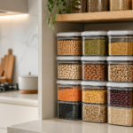 transparent airtight containers stacked in modern kitchen pantry with pulses and grains visible