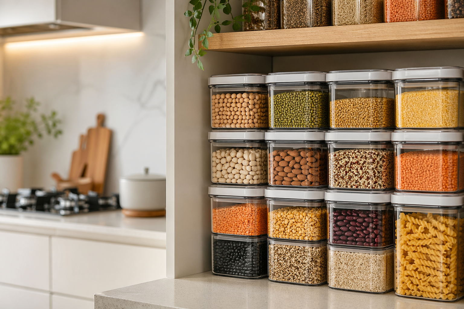 “Stop Messy Kitchen! Try This Hack” 1 transparent airtight containers stacked in modern kitchen pantry with pulses and grains visible