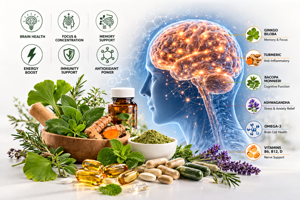 Herbs, capsules, and brain diagram showing memory and cognitive support