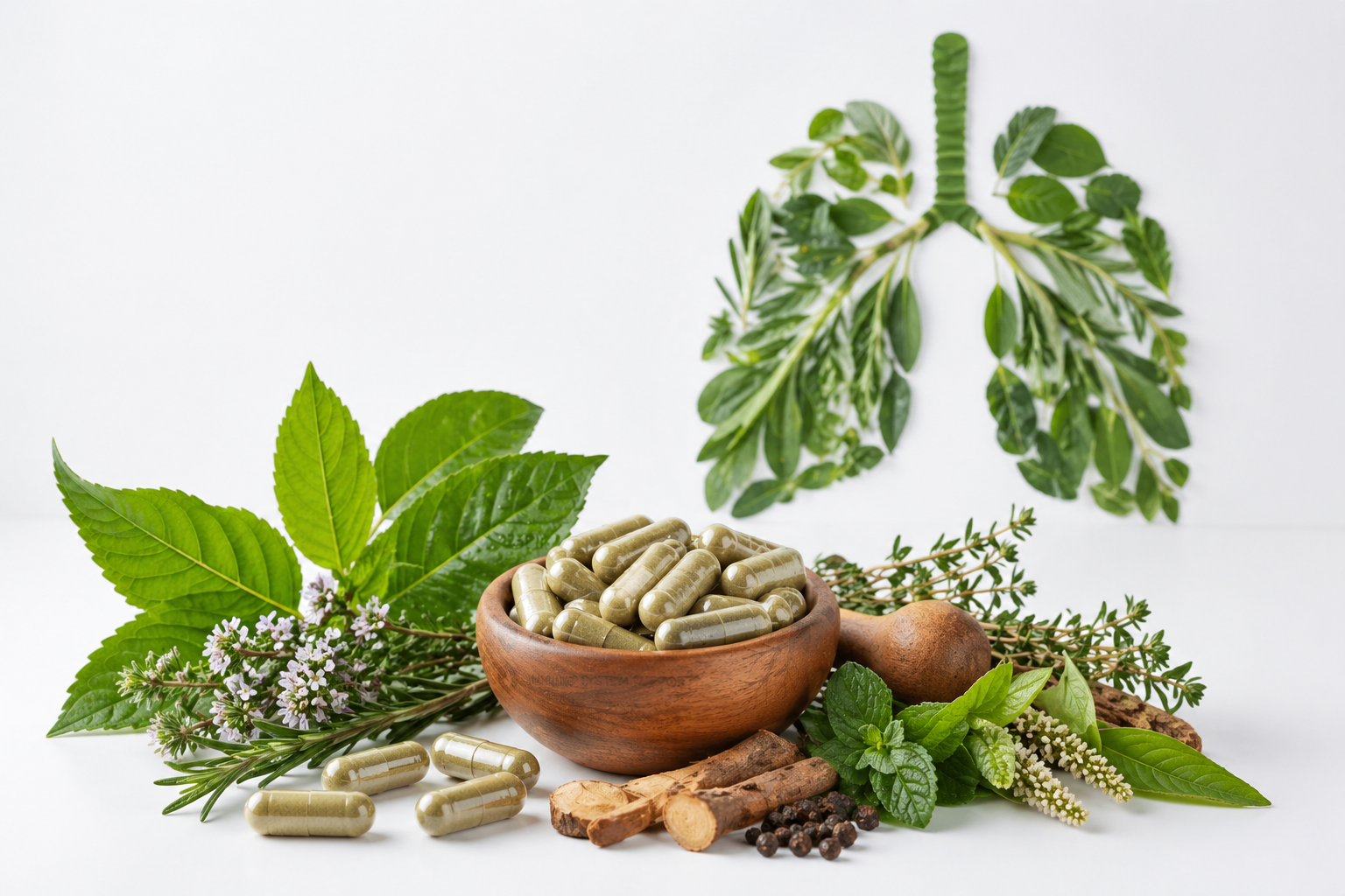 Breathe Better Fast with Pulmo Balance! 2 natural herbs and capsules for lung detox and respiratory health supplement concept