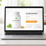Laptop showing supplement product page on clean desk setup, online shopping concept