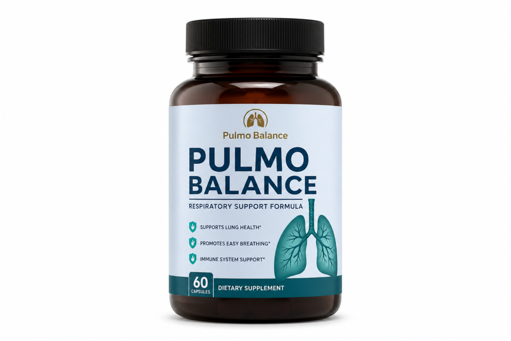 Pulmo Balance supplement bottle on white background for lung health and respiratory support