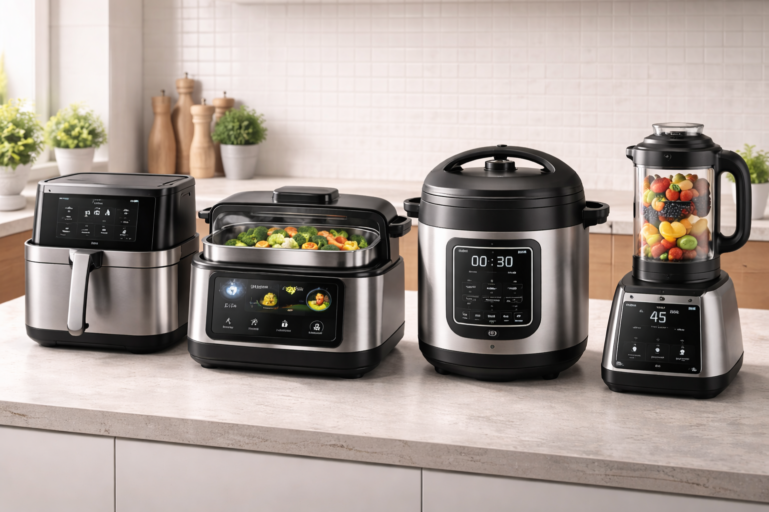 🔥 1 Smart Cooker That Replaces Your Kitchen! 4 Modern smart kitchen appliances lineup including air fryer smart cooker pressure cooker and blender in a clean kitchen setup