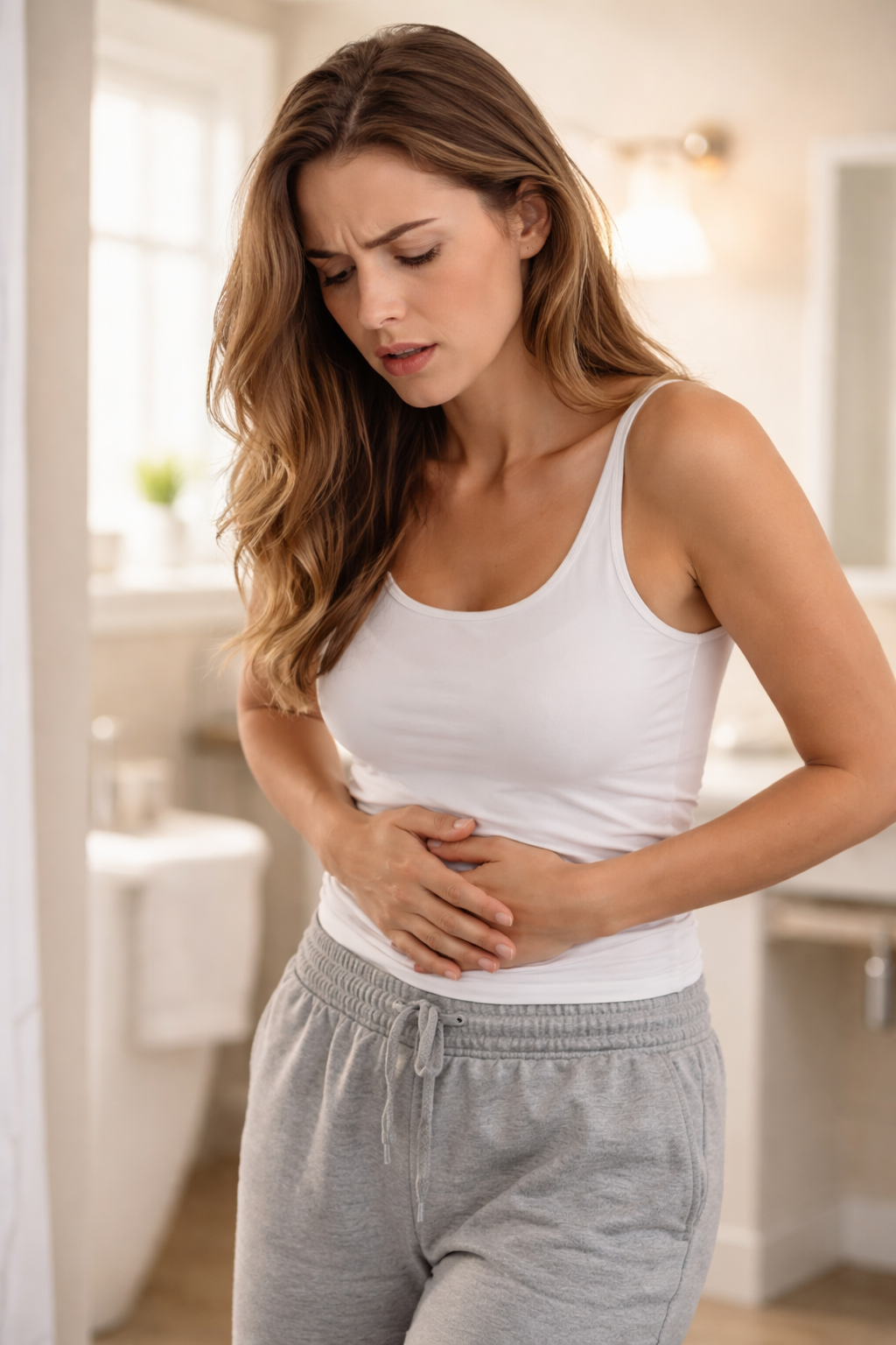 Stop Pee Leaks Naturally – My Honest Review 1 Woman Facing Abdominal Discomfort in Bathroom – Health Concern Concept