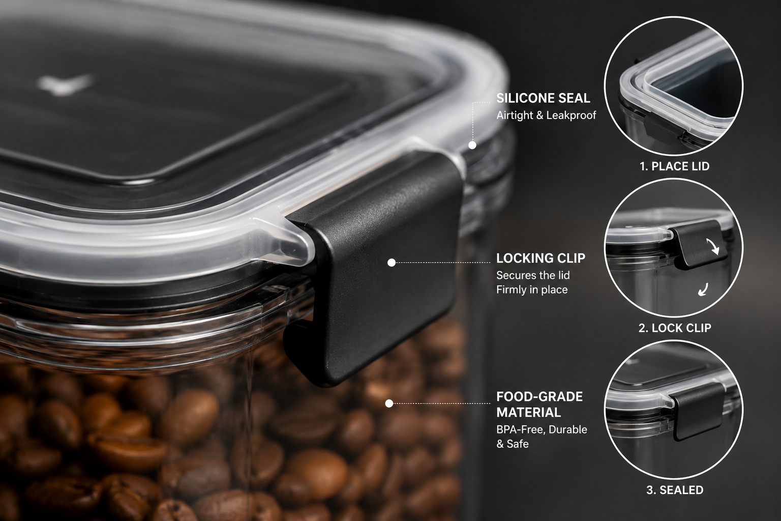 close up of airtight food storage container lid showing silicone seal and locking clip mechanism