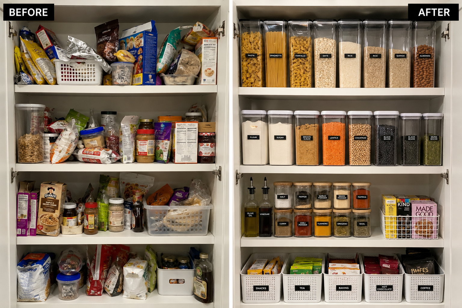 before and after comparison of messy and organized kitchen pantry with labeled airtight containers