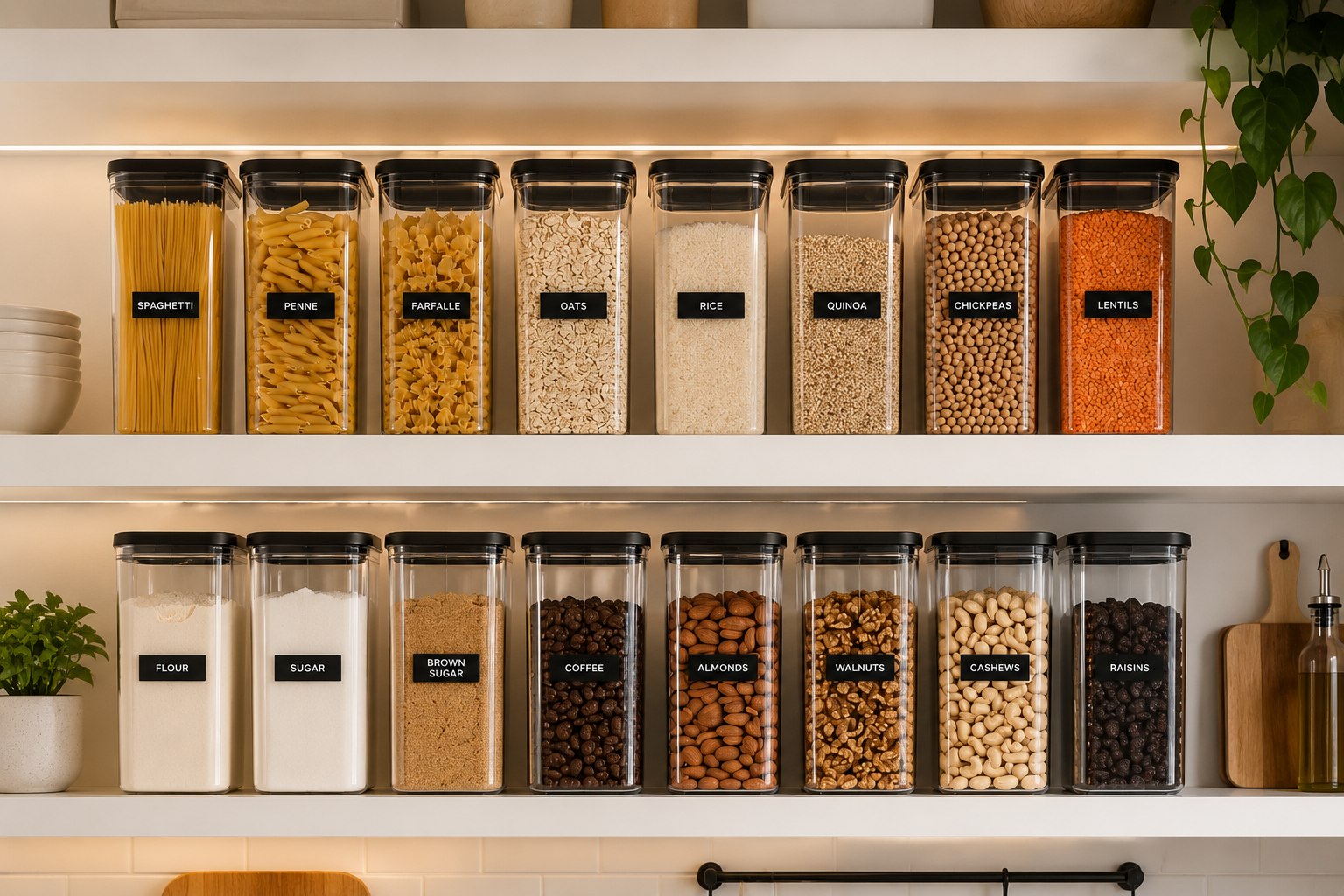 minimalist kitchen shelf with labeled transparent containers organized neatly with grains, pulses, and dry foods
